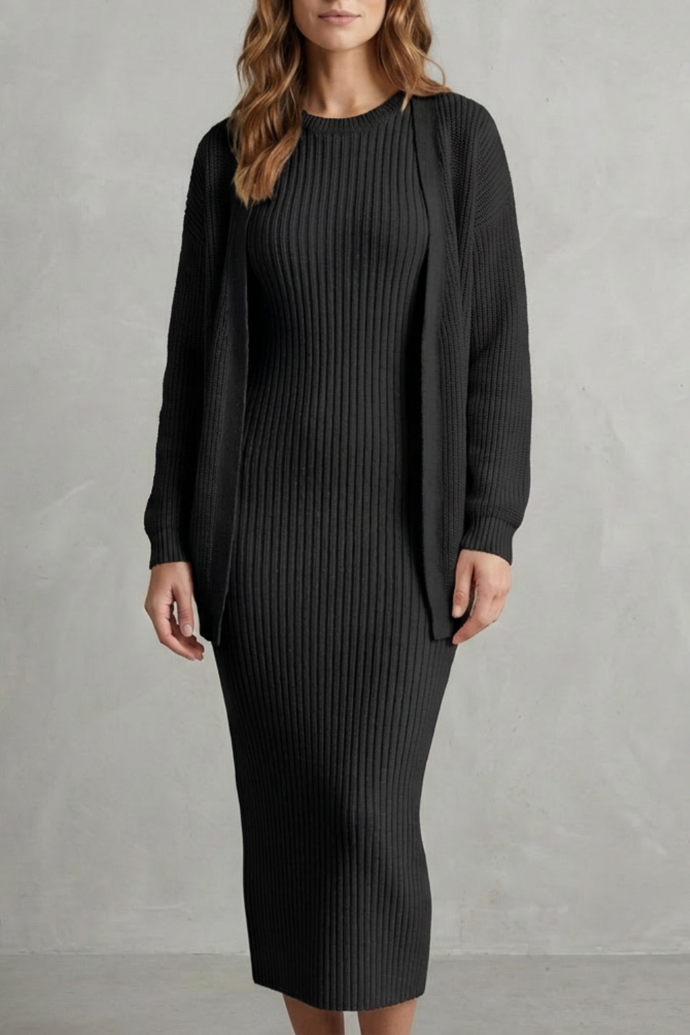 Ribbed knit dress and open front cardigan jumper with a relaxed cardigan
