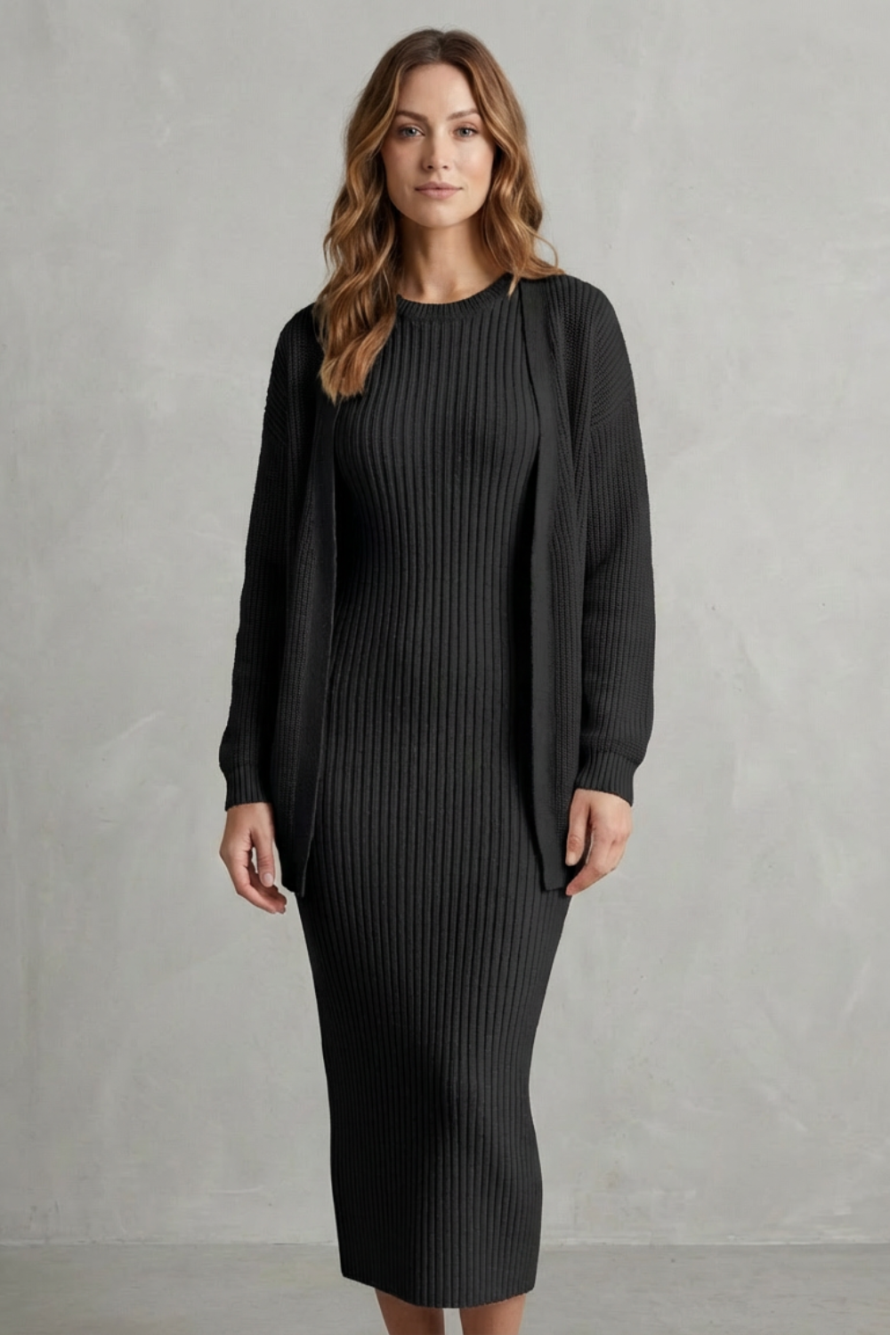 Ribbed knit dress and open front cardigan jumper with a two piece set