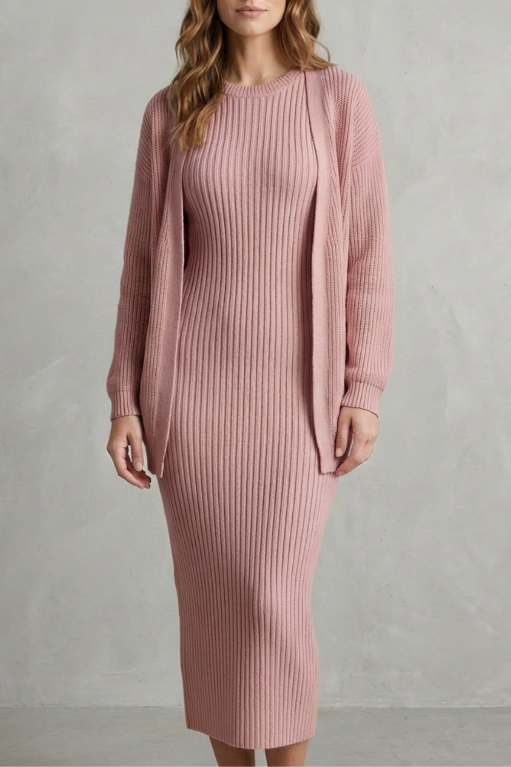 Ribbed knit dress and open front cardigan jumper with ribbed texture