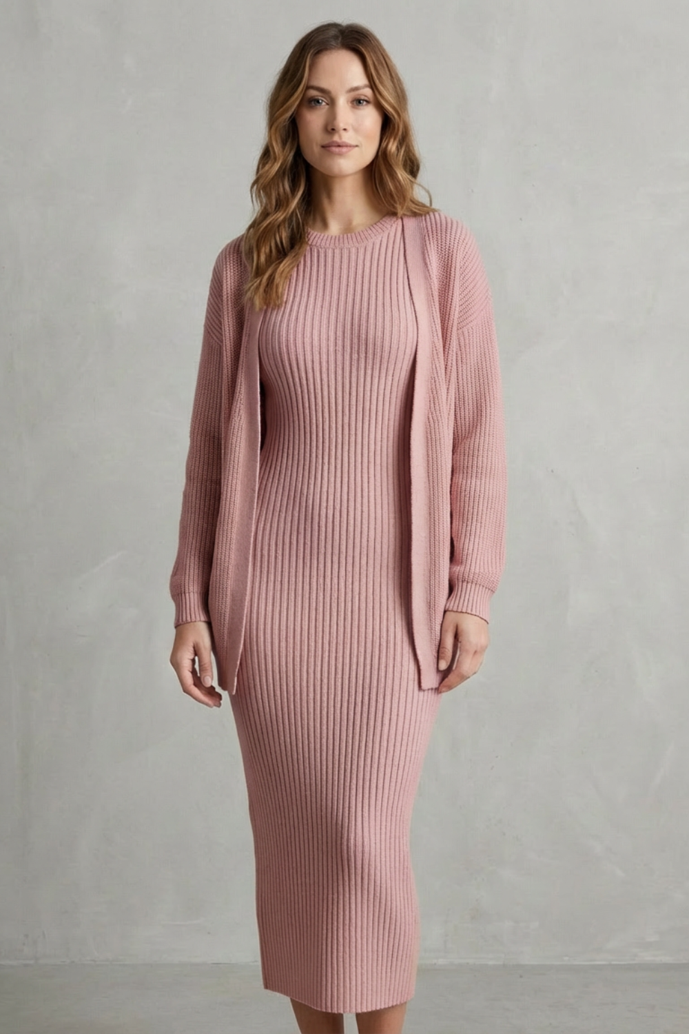 Ribbed knit dress and open front cardigan jumper with a slim fit dress