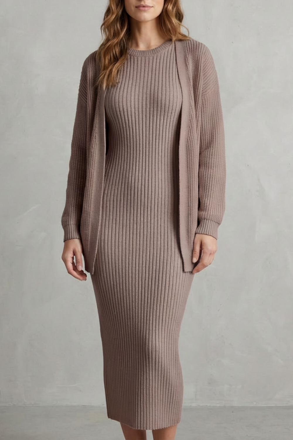 Ribbed knit dress and open front cardigan jumper with a relaxed cardigan