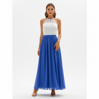 Women's wedding guest maxi dress with draped pleated detail, fourth colour side view