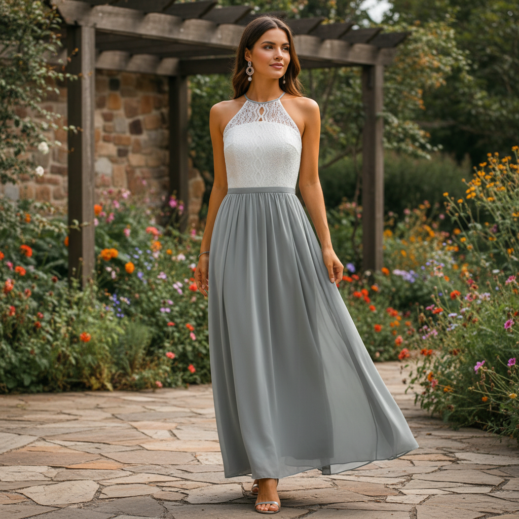 Women's wedding guest maxi dress with draped design and pleated detail, side view