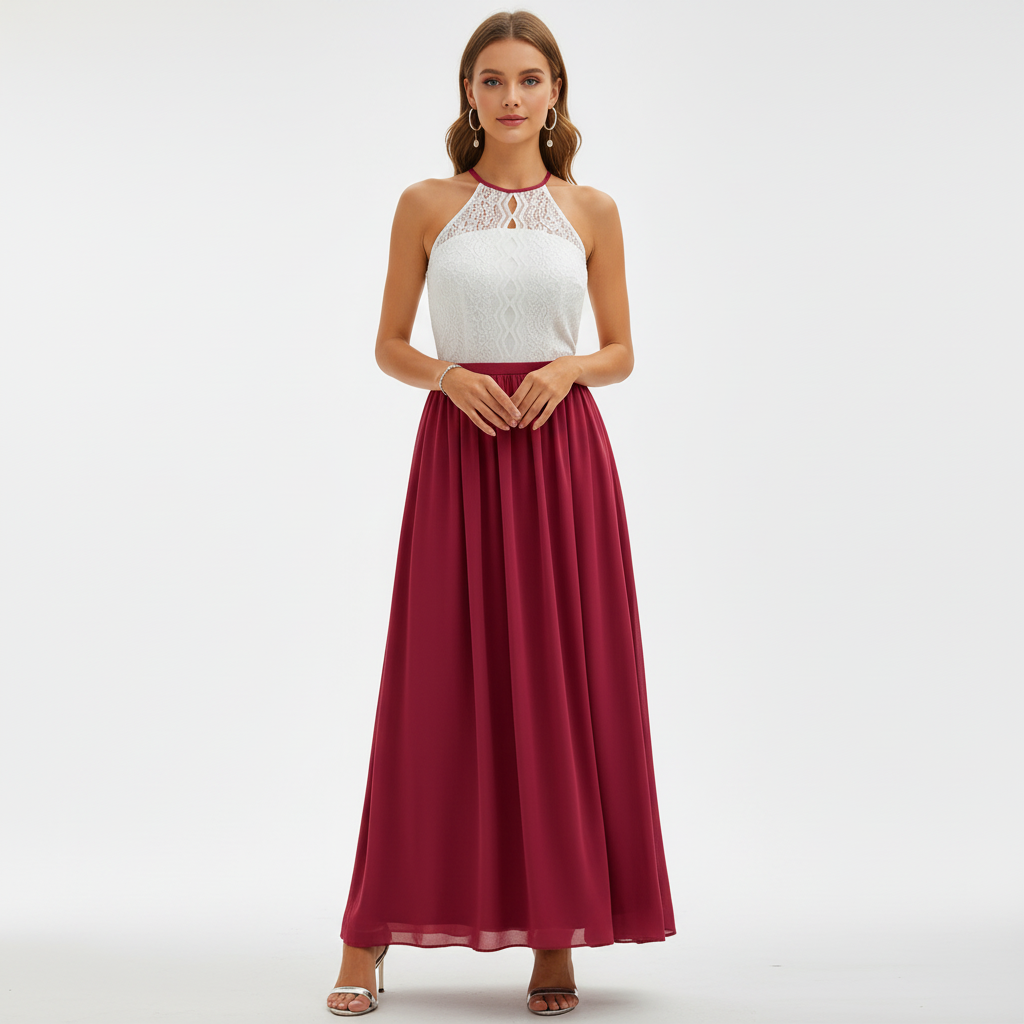 Women's pleated wedding guest maxi dress, fabric detail showing drape and pleating