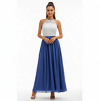 Women's wedding guest maxi dress with draped pleated detail, second colour side view