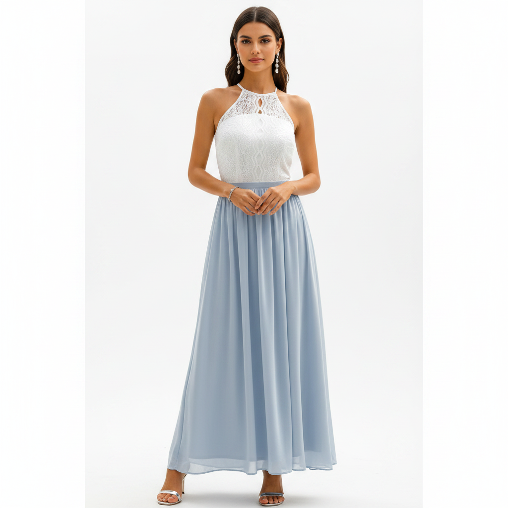 Women's wedding guest maxi dress with draped pleated detail, third colour front view