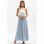 Women's wedding guest maxi dress with draped pleated detail, third colour front view