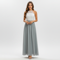 Women's wedding guest maxi dress with draped design and pleated detail, front view