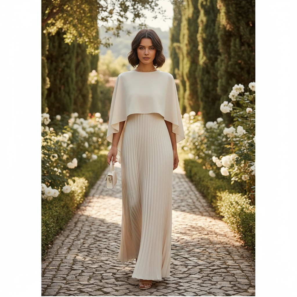 Women's wedding guest maxi dress with cape overlay in white, full length view