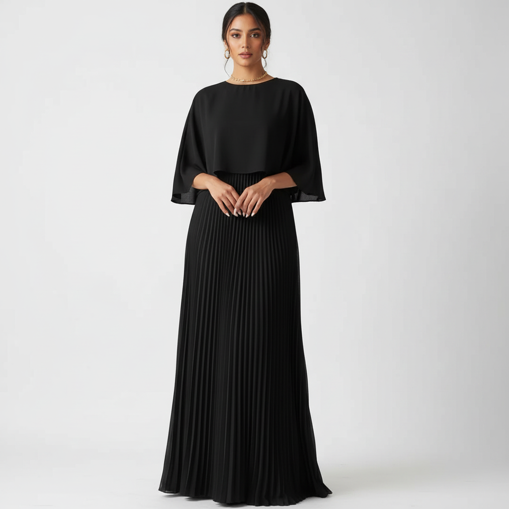 Women's wedding guest maxi dress with draped cape overlay in black, front view