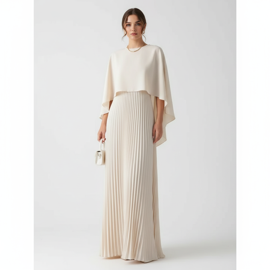 Women's wedding guest maxi dress with pleated skirt and cape overlay in white, front view
