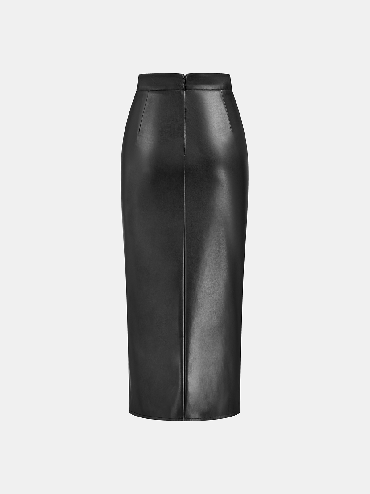 Ruched Slit Leather Midi Skirt