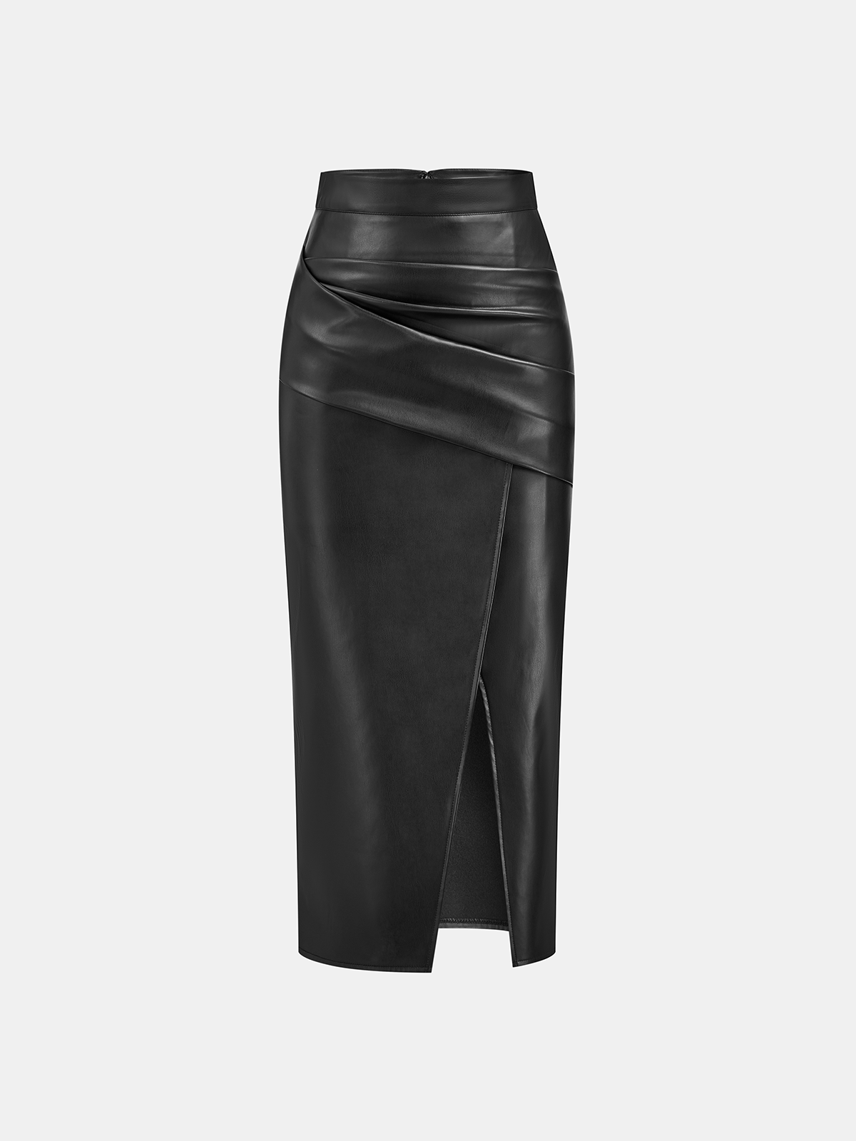 Ruched Slit Leather Midi Skirt