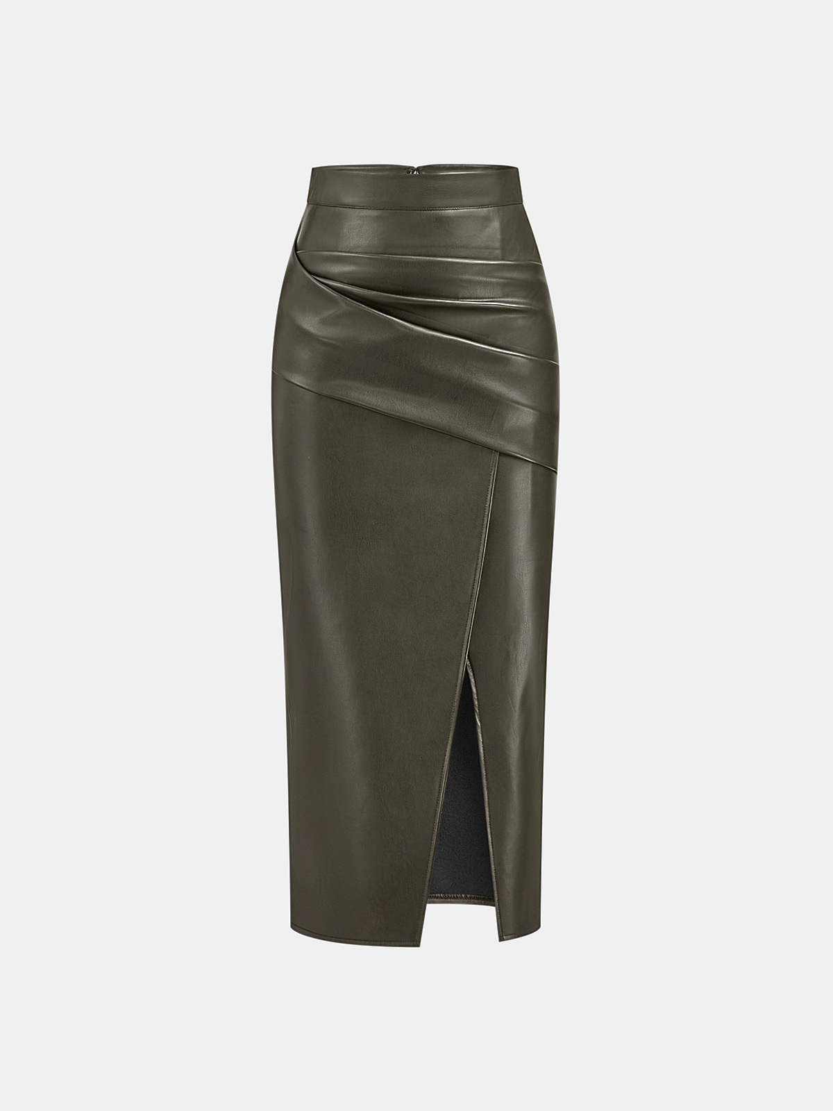 Ruched Slit Leather Midi Skirt