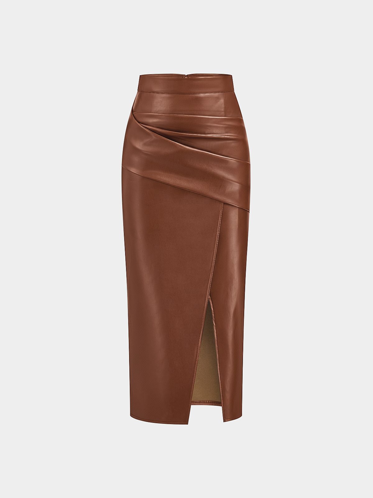 Ruched Slit Leather Midi Skirt