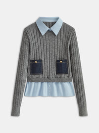 2 in 1 Denim Pocket Collared Rib-Knit Top