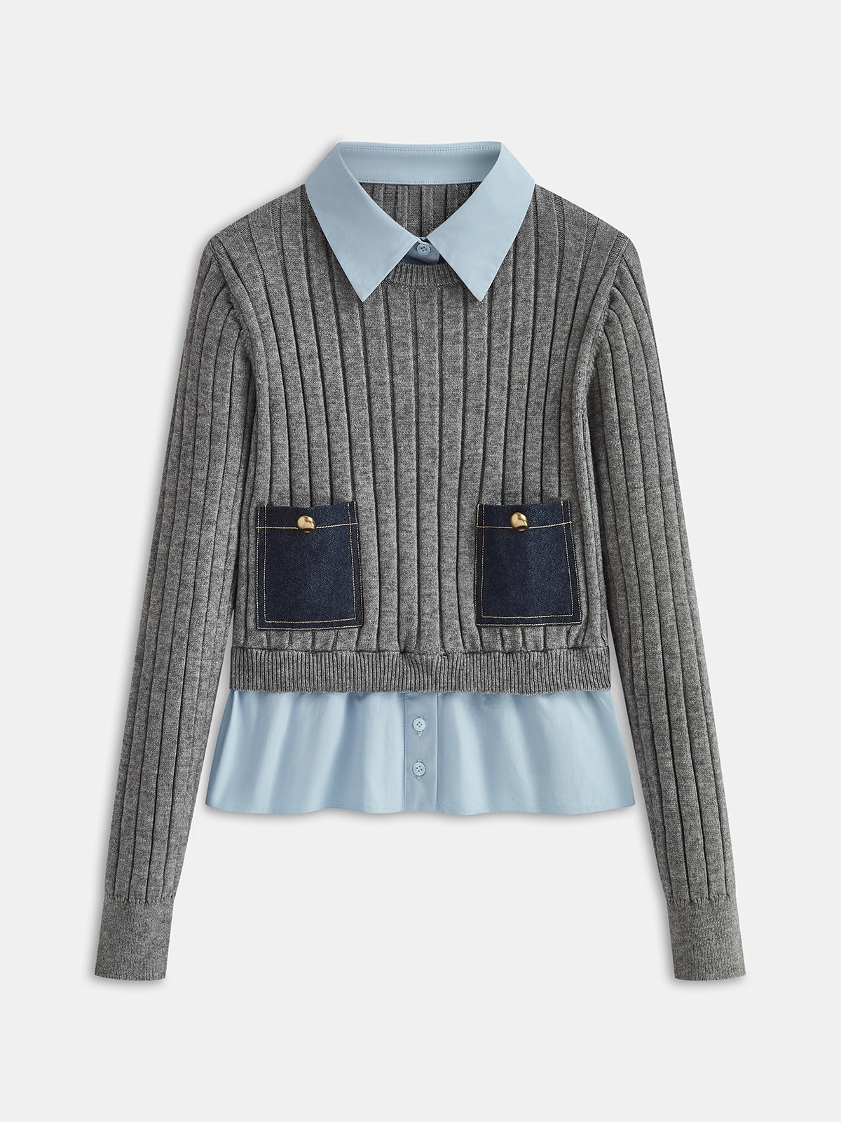2 in 1 Denim Pocket Collared Rib-Knit Top