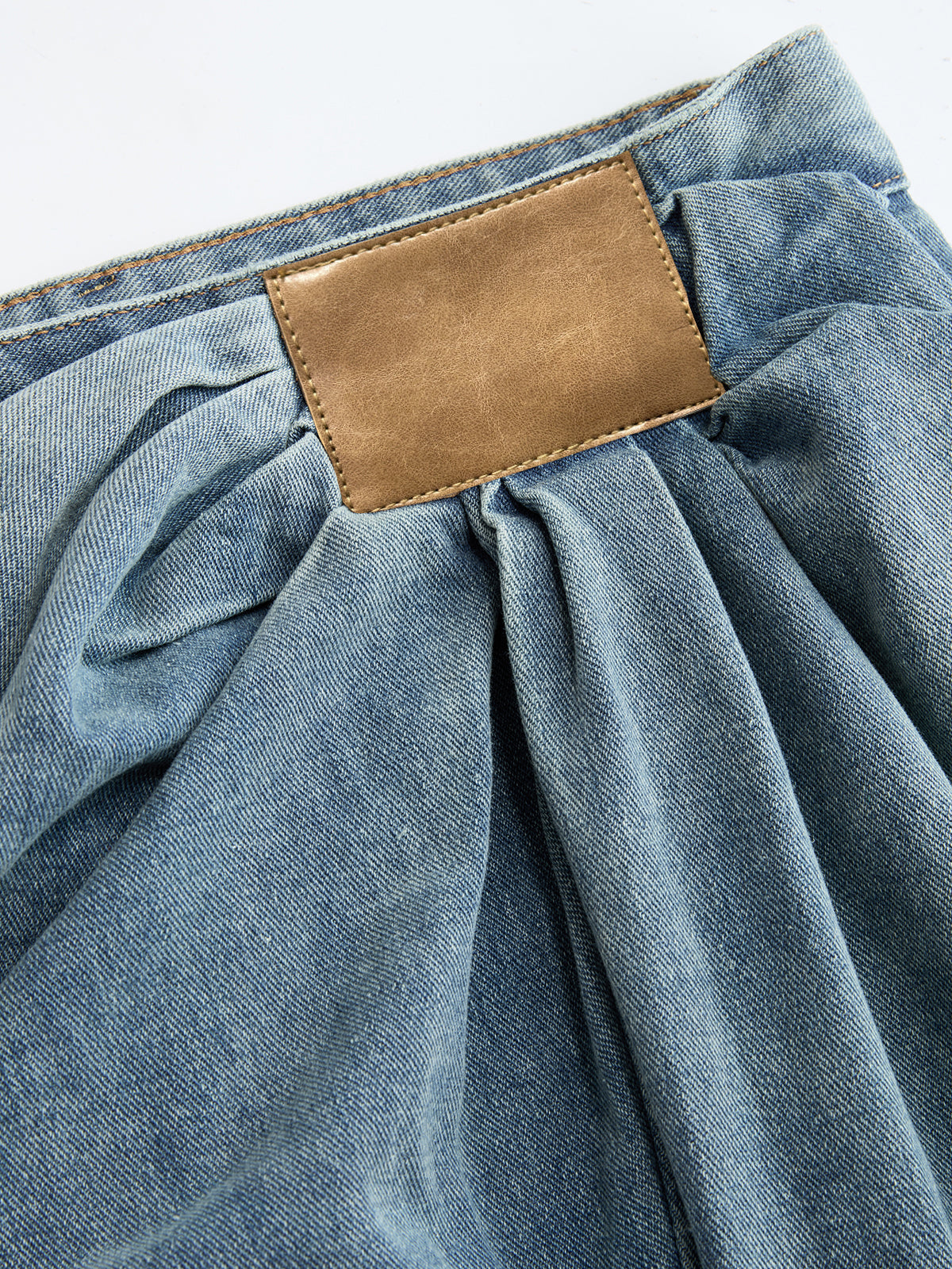 Asymmetrical Ruched Denim Wide-Leg Pants