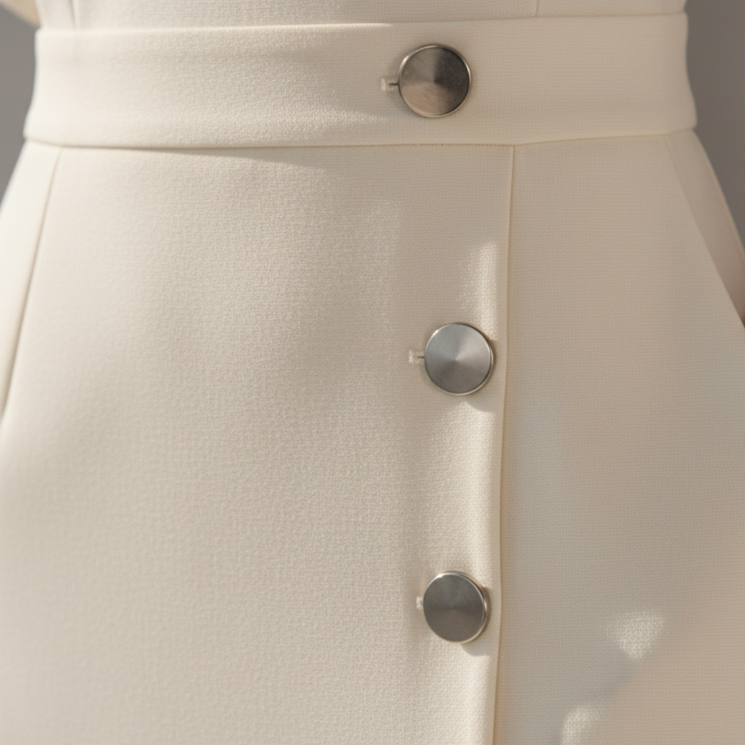 Close-up of decorative side buttons and front slit on sleeveless midi dress