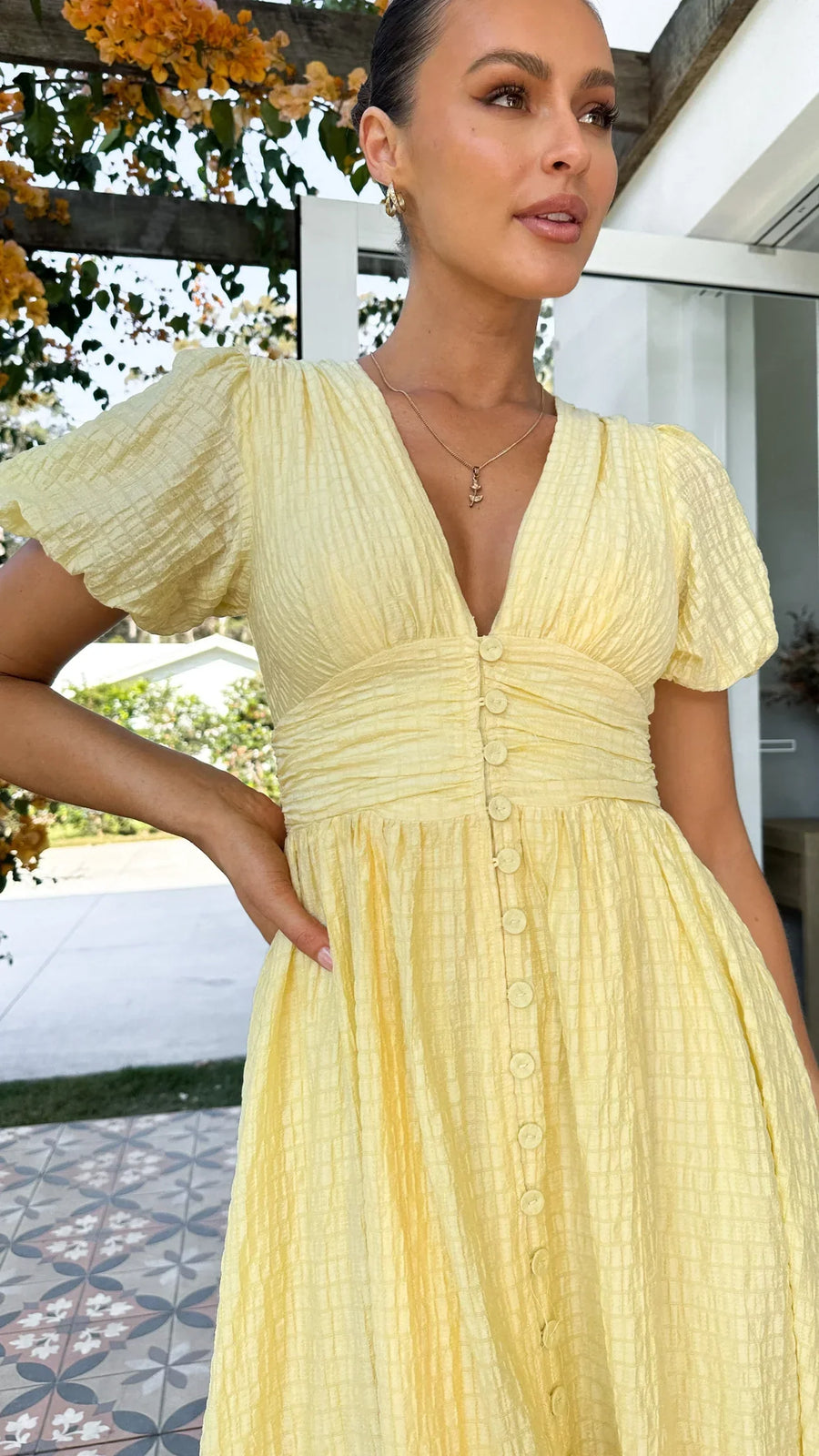 Puff sleeve button front maxi dress in pink, full length
