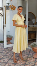 Puff sleeve button front maxi dress in yellow, front view