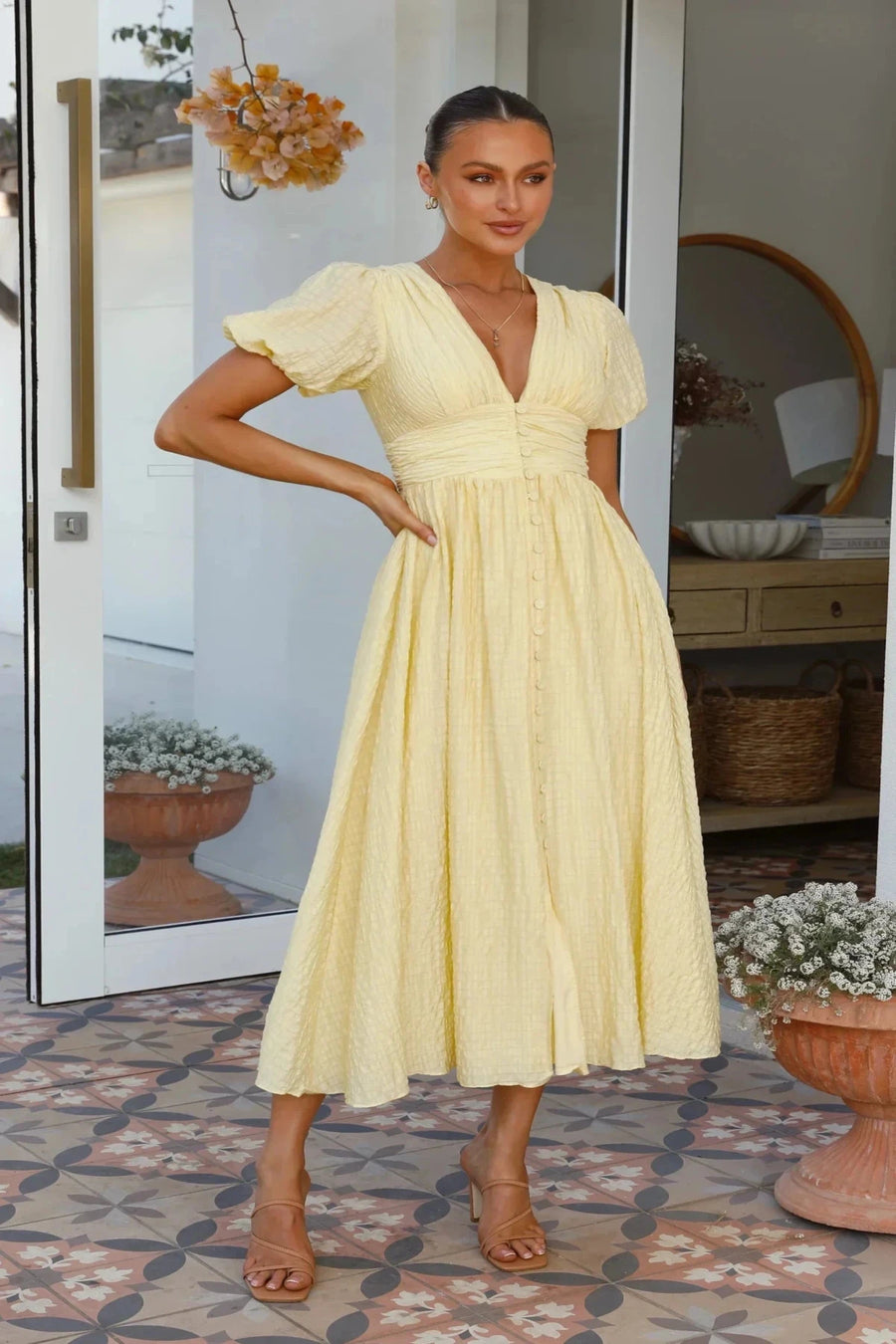 Puff sleeve button front maxi dress in yellow, full length