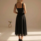 Square neck chiffon midi dress in black – fitted bodice back view