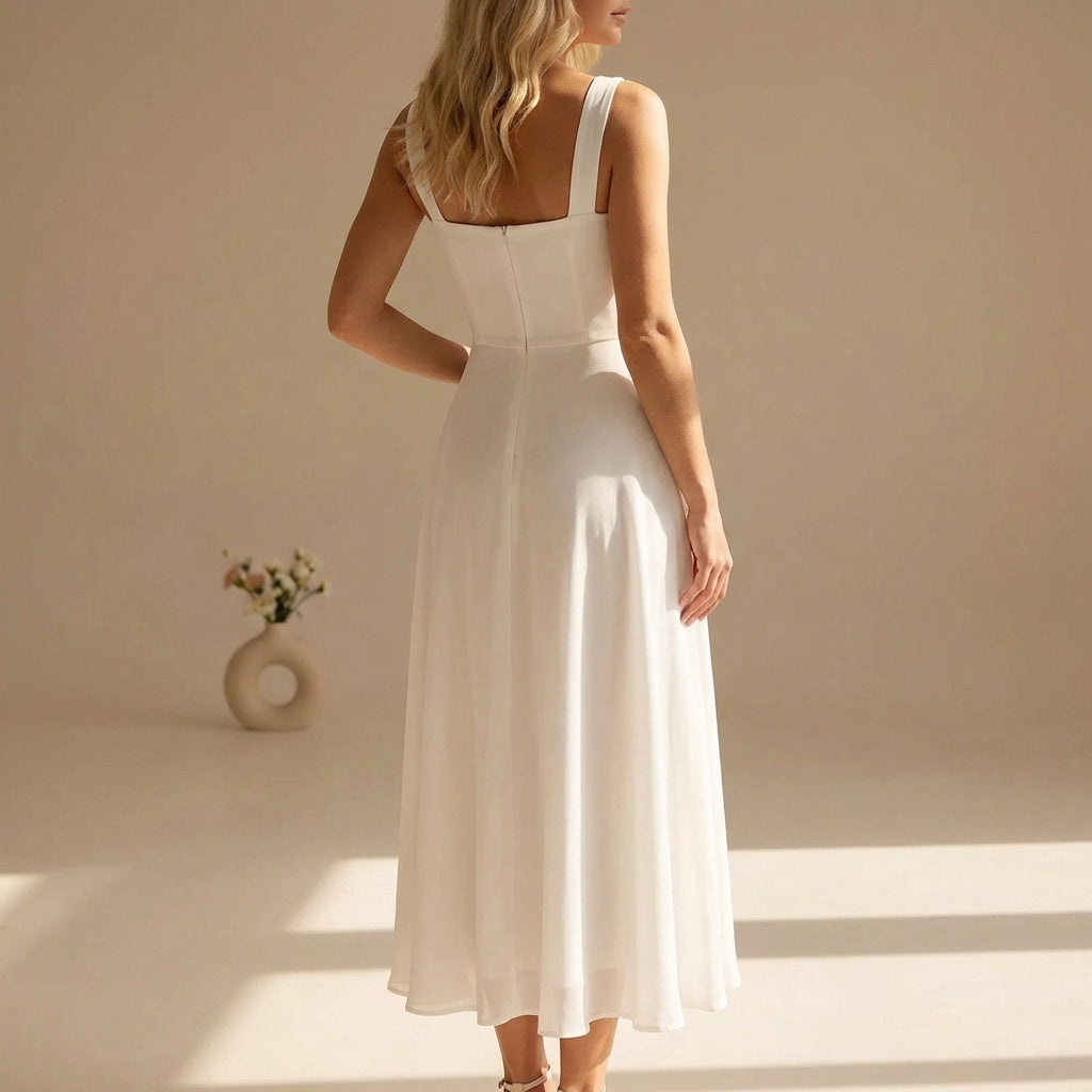 Square neck midi dress in white – flowing chiffon skirt back view