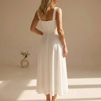 Square neck midi dress in white – flowing chiffon skirt back view