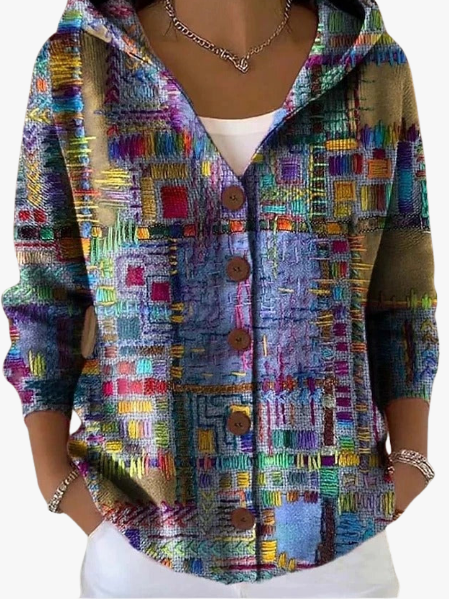 Multicolour abstract print button-front hoodie, front view