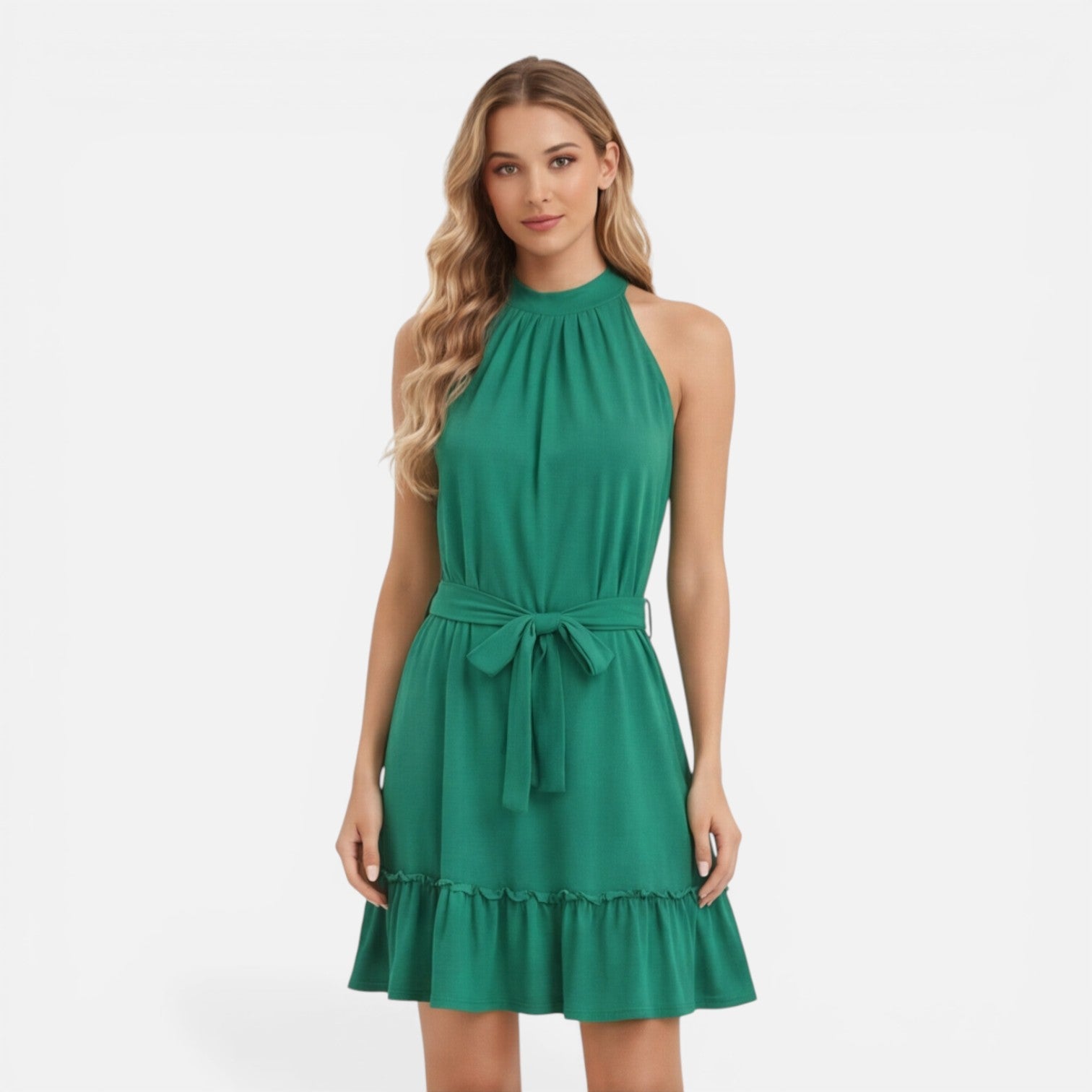 Women's halter neck lightweight summer mini dress, front view