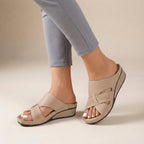 Women's suede wedge sandals with perforated strap detail – side view