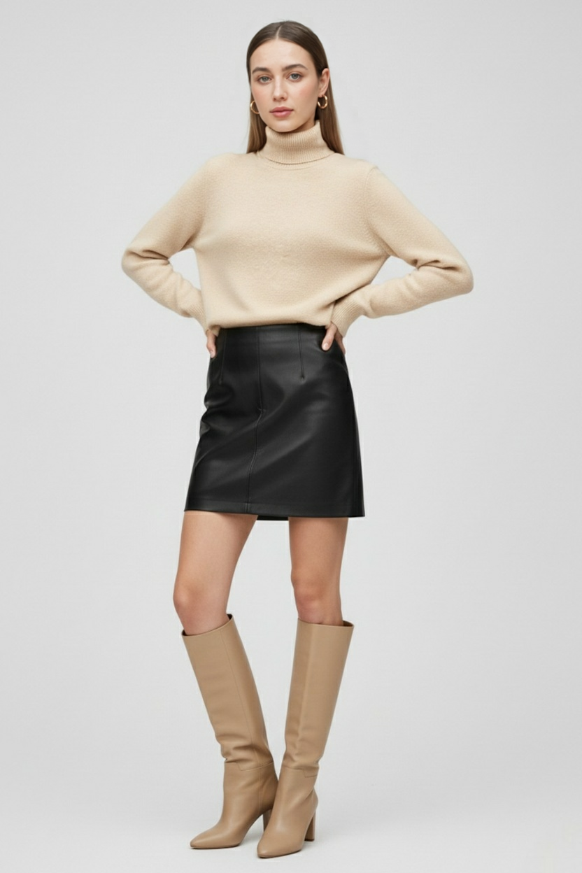 Beige Fleece Lined Thermal Turtleneck