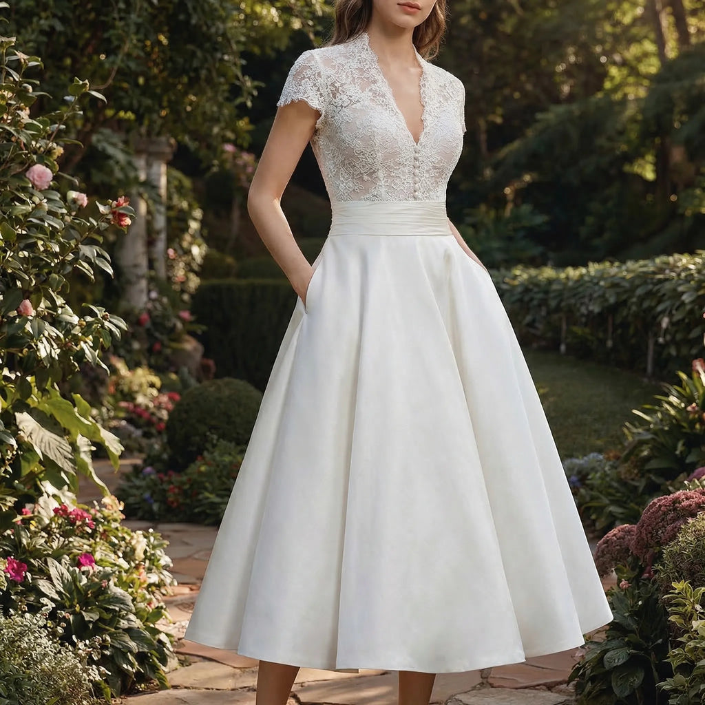 Women's lace bodice A-line midi wedding dress, front view