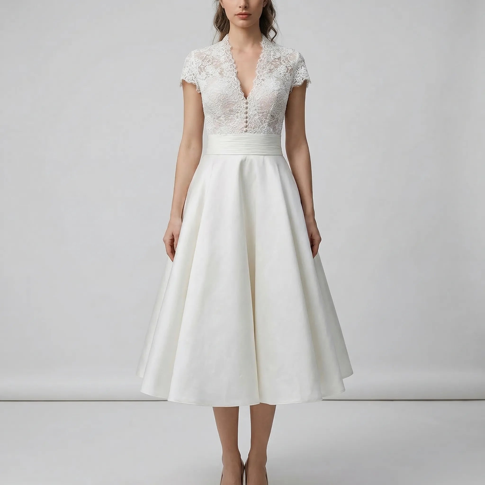 Women's lace bodice A-line midi wedding dress, side profile view