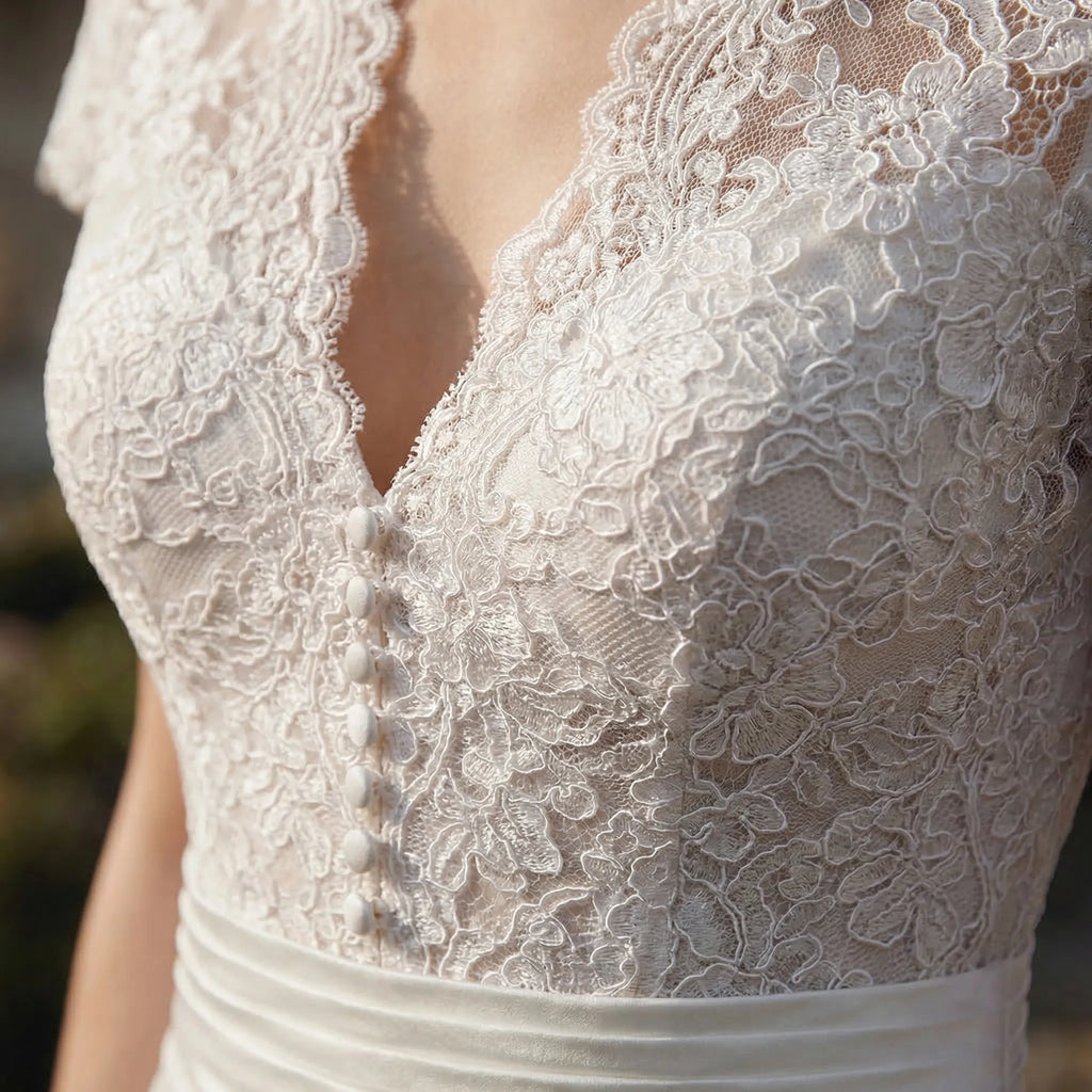 Women's lace bodice A-line midi wedding dress, back view
