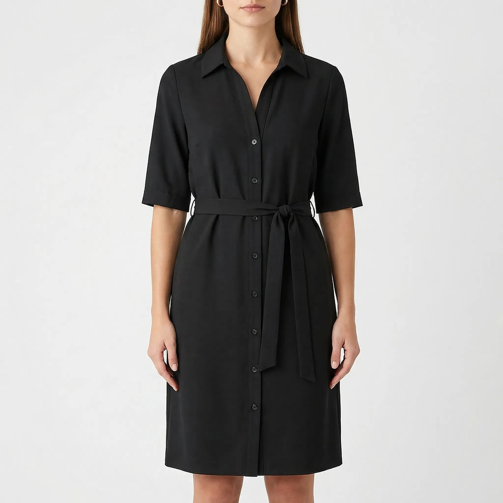 Women's belted shirt dress with half sleeves and side pockets, side profile view