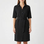 Women's belted shirt dress with half sleeves and side pockets, side profile view