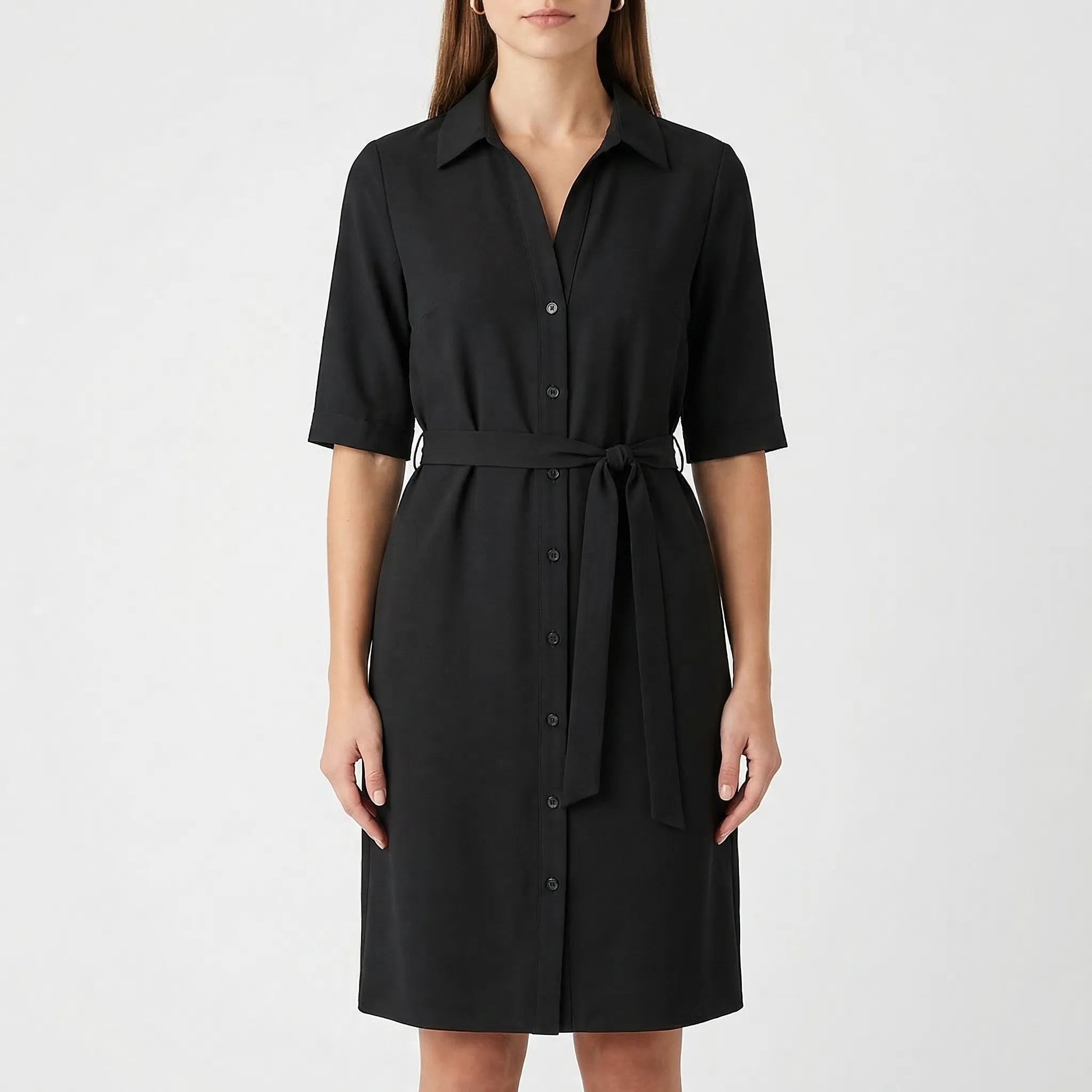 Women's belted shirt dress with half sleeves and side pockets, side profile view