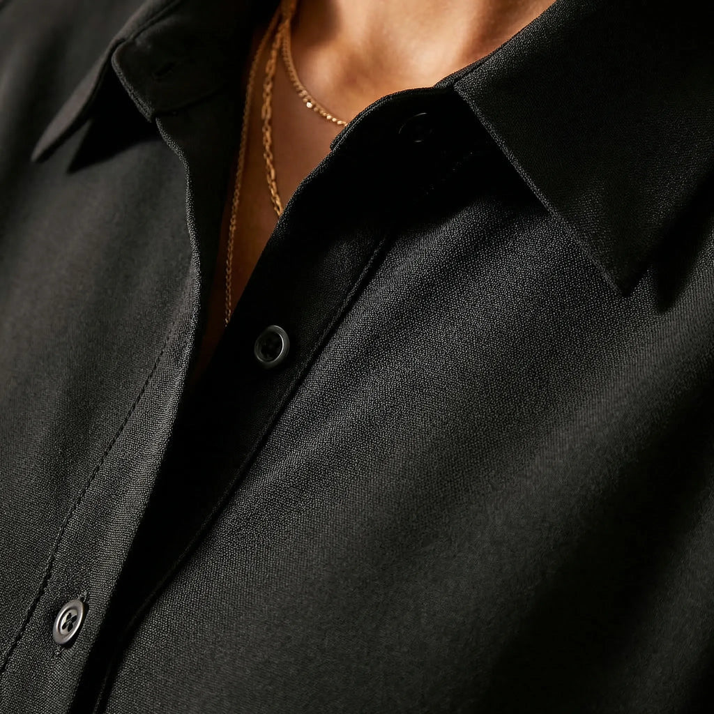 Women's belted shirt dress with half sleeves and side pockets, back view
