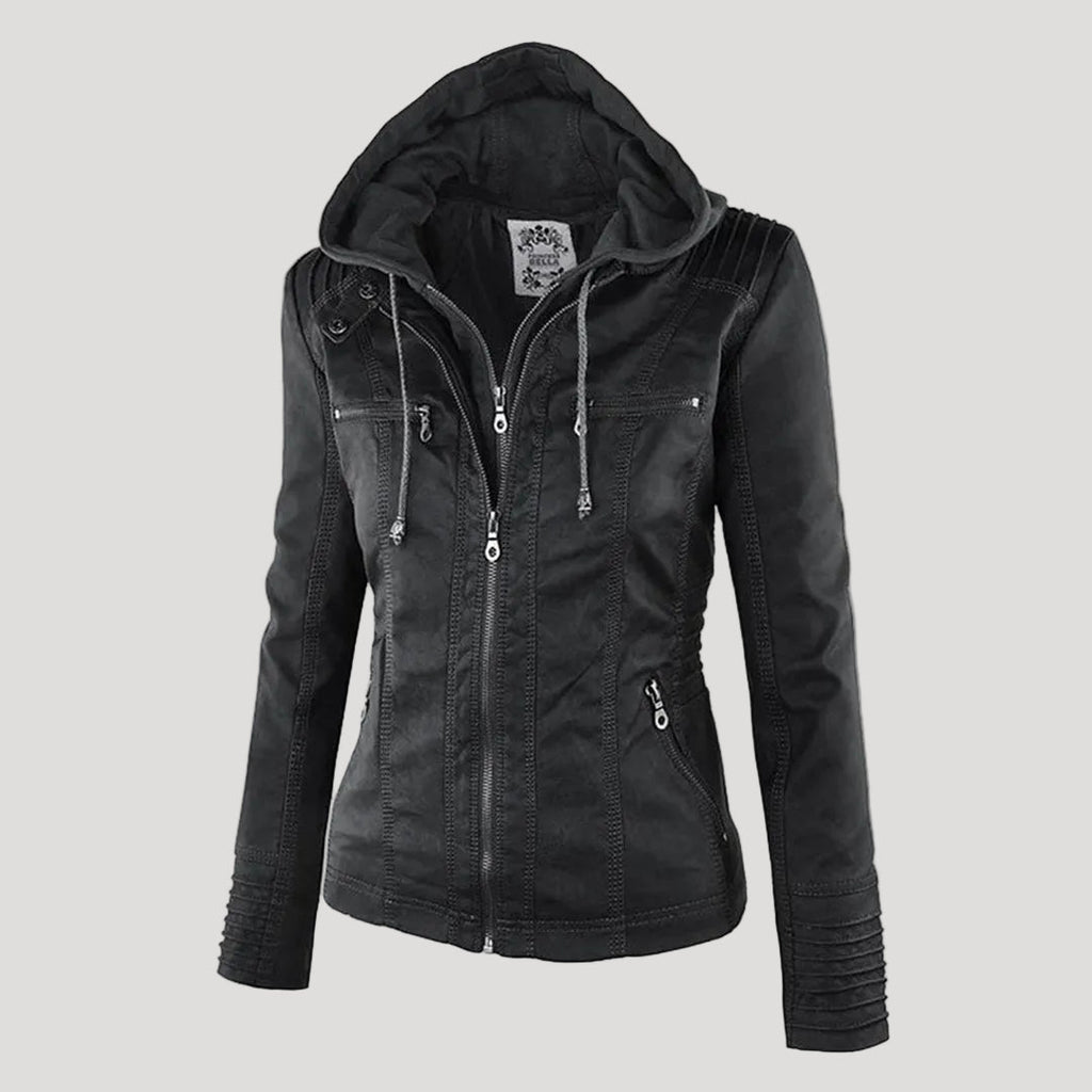 Black faux leather hooded Jacket, front view