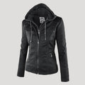 Black faux leather hooded Jacket, front view