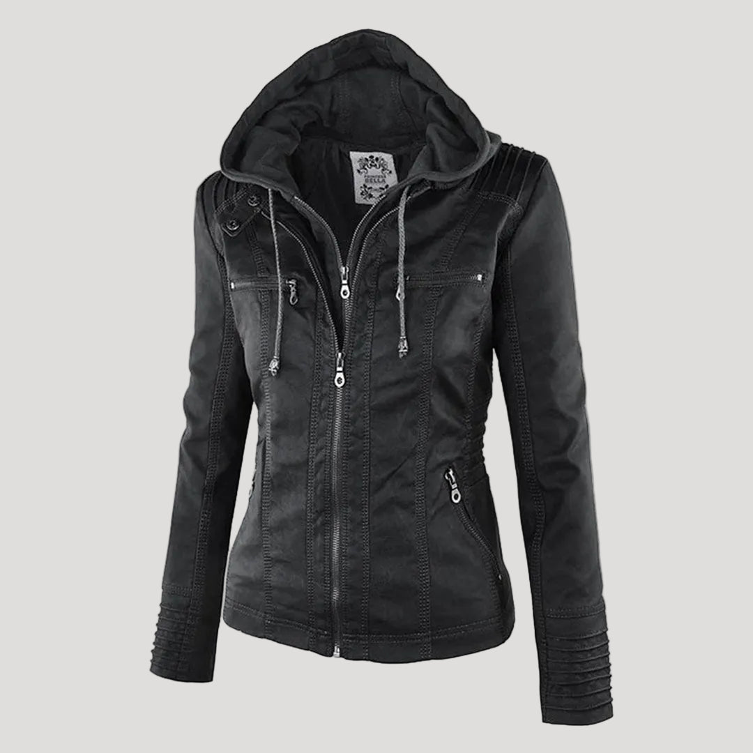 Black faux leather hooded Jacket, front view