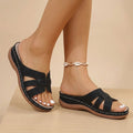 Women's arch support slides in black – cut-out woven strap comfort sandals