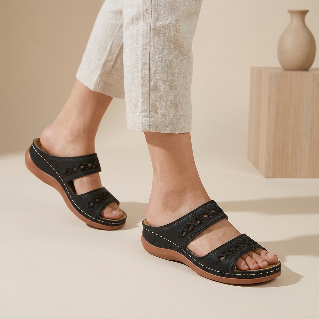 Women's orthopaedic double strap sandals in black – laser-cut arch support