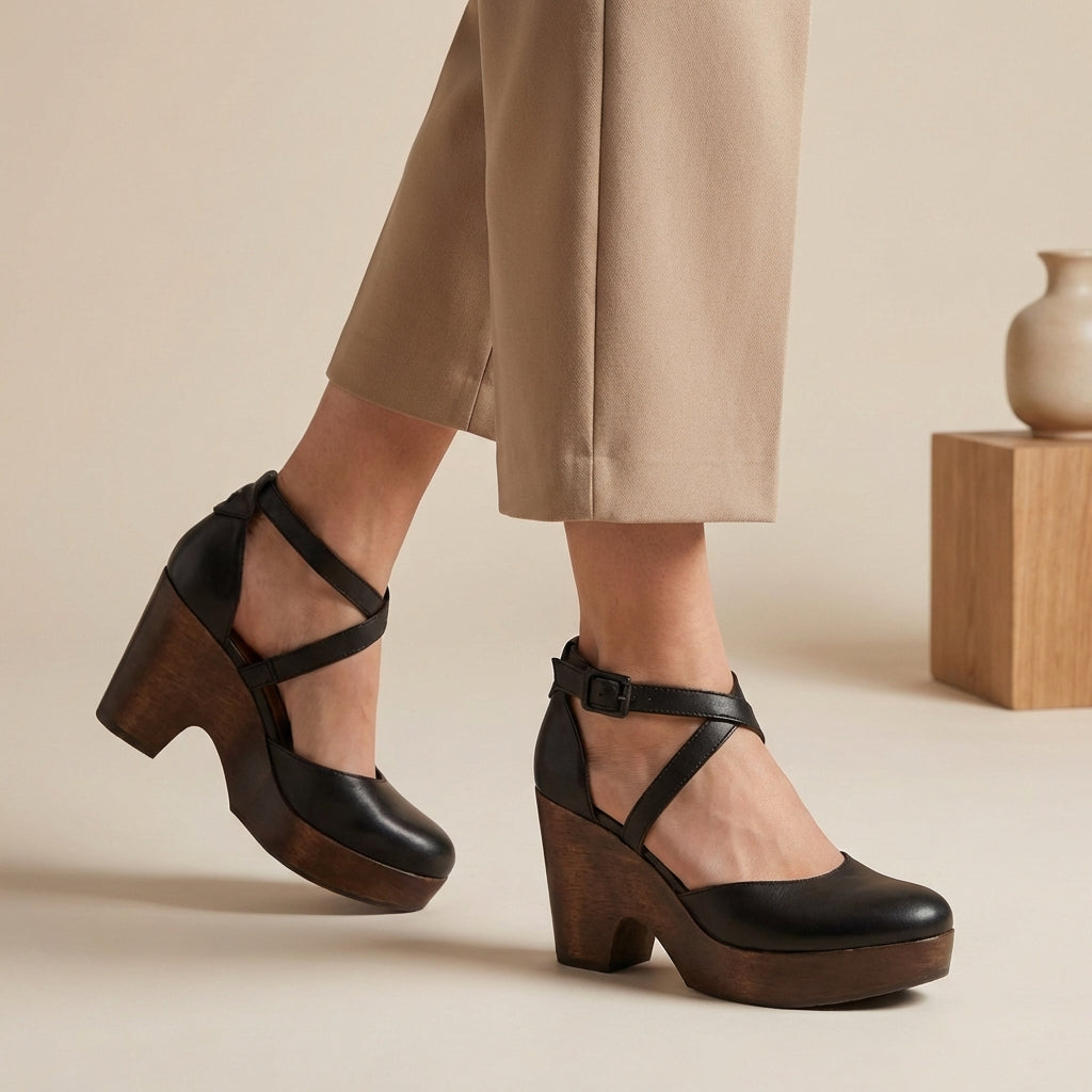 Black closed toe platform wedge shoes for women – criss-cross ankle strap
