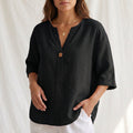Cotton Linen V-Neck Blouse with Button Front and Cuffed Sleeves