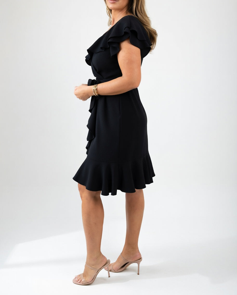 Ruffle wrap dress with V-neck in black, lifestyle view
