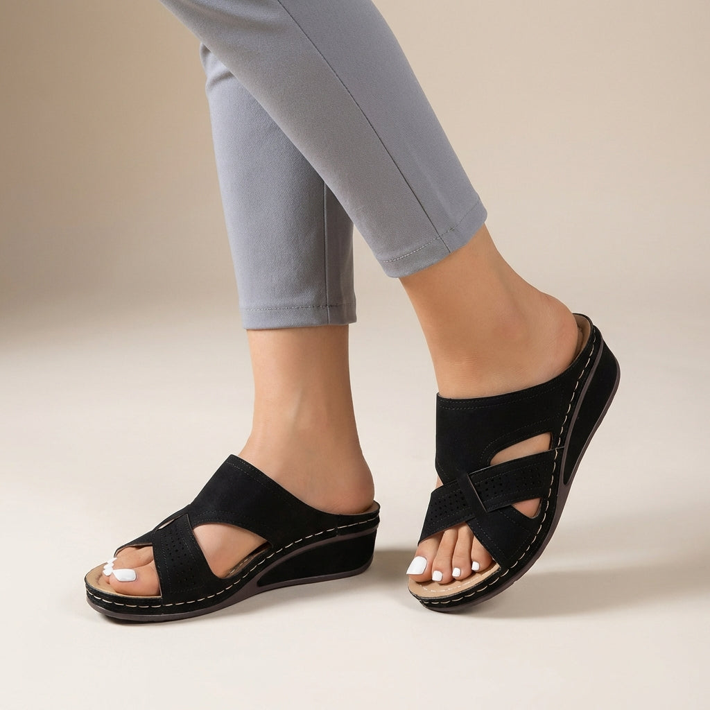 Suede Slip-On Wedge Sandals with Artistic Cutout Straps and Open Toe