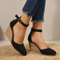 Women's pointed toe ankle strap wedge heels in black – side view